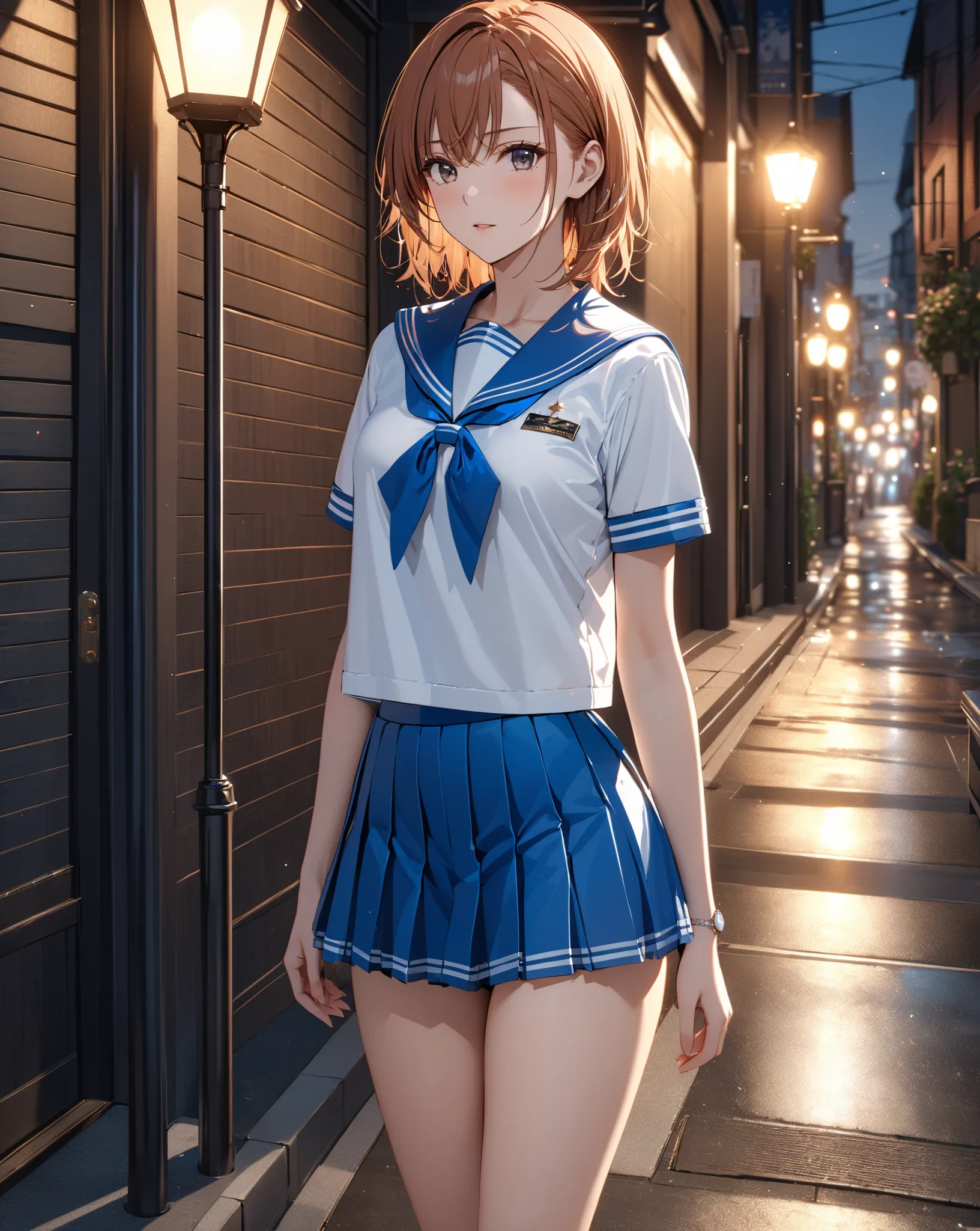 Shadow of a Man Under the Streetlight, sailor suit, A Lone Figure Under a Streetlamp, (Misaka Mikoto), masterpiece, highest quality, UHD, retina, masterpiece, accurate anatomy, super detailed, high quality, best quality, 8k