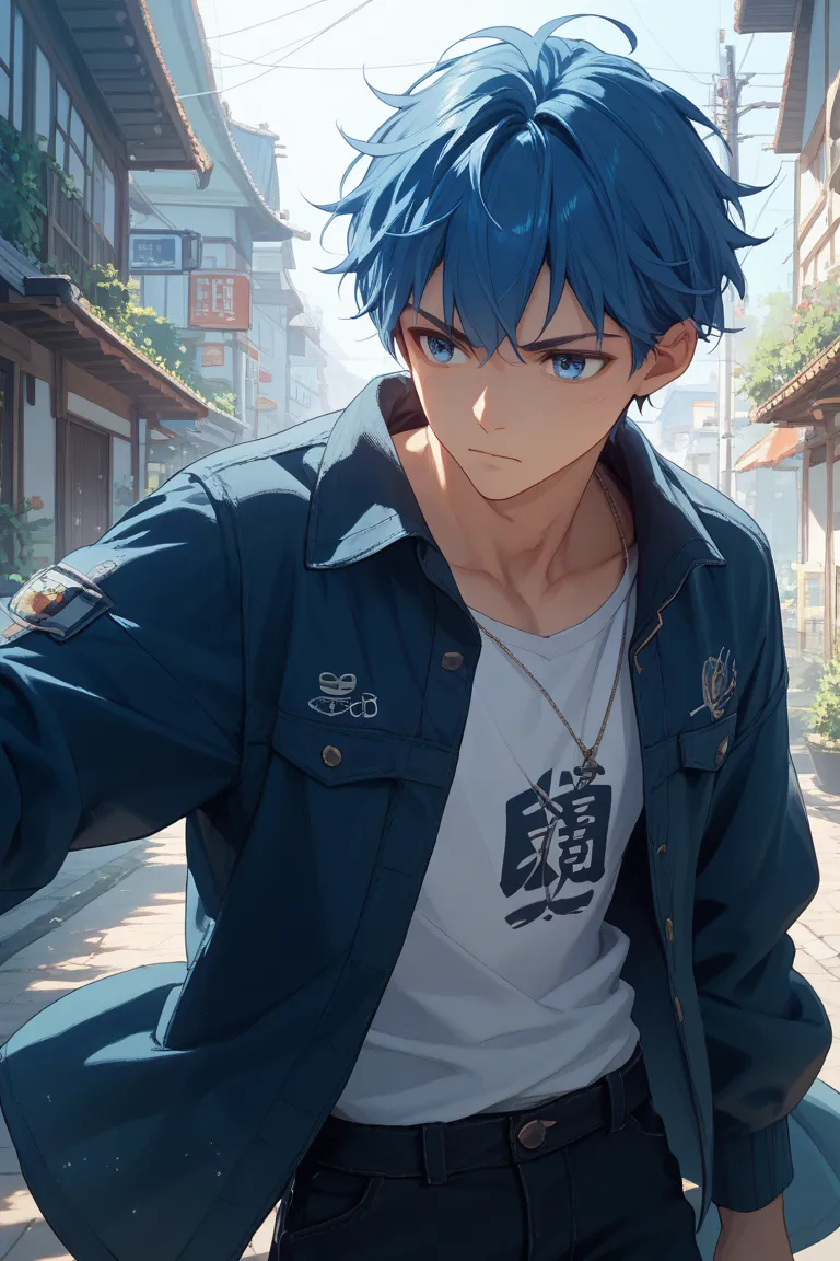 character、Battle Anime、A boy about 18 years old、Japanese、blue hair、 blue eyes、