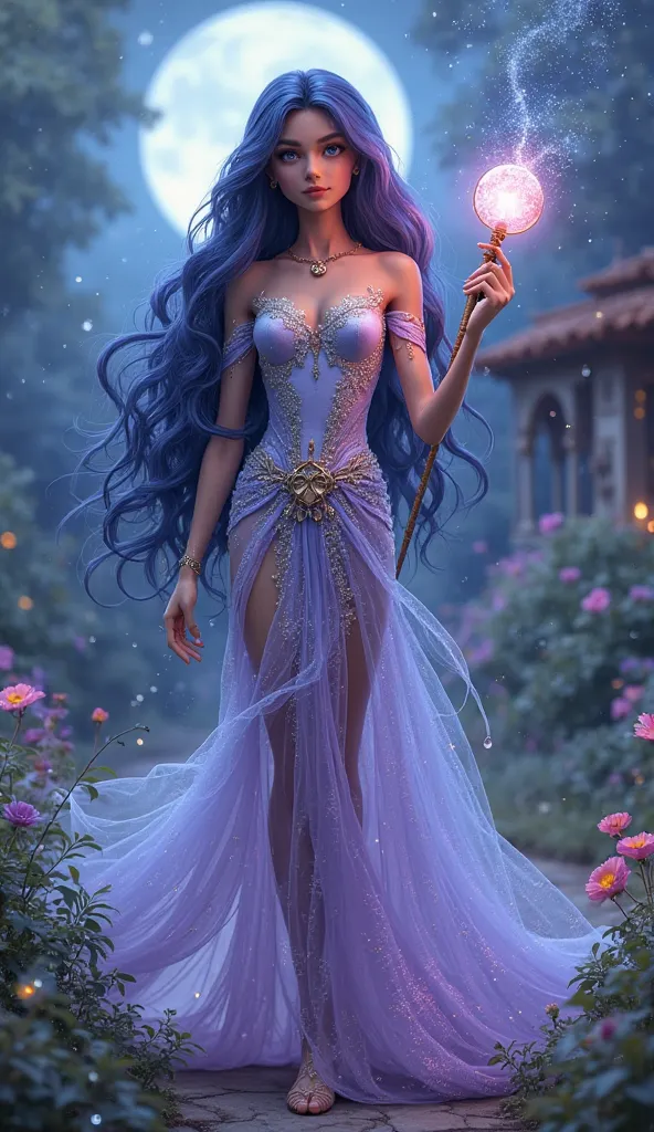 "Riya the Celestial Guardian" – A 6-inch-tall, ethereal girl with a graceful, toned figure. She wears a shimmering silver and lavender gown that glows like stardust. Her midnight blue and violet hair flows like a cosmic nebula, and her galaxy-like eyes ref...