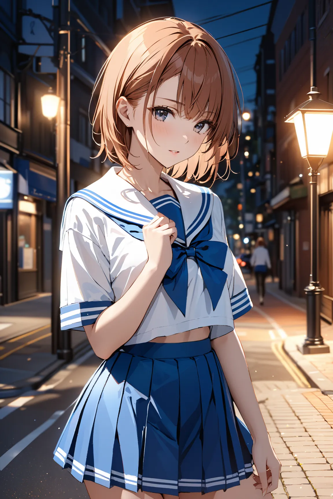 Shadow of a Man Under the Streetlight, sailor suit, A Lone Figure Under a Streetlamp, (Misaka Mikoto), masterpiece, highest quality, UHD, retina, masterpiece, accurate anatomy, super detailed, high quality, best quality, 8k