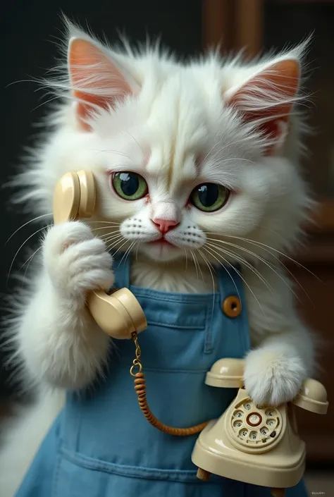 A fluffy white cat with green eyes, wearing a blue apron, wipes away tears with one paw while holding a small vintage phone with the other. Its ears droop, and its whiskers tremble. The background is dark and blurred, emphasizing the cat’s sorrow.
(Camera ...