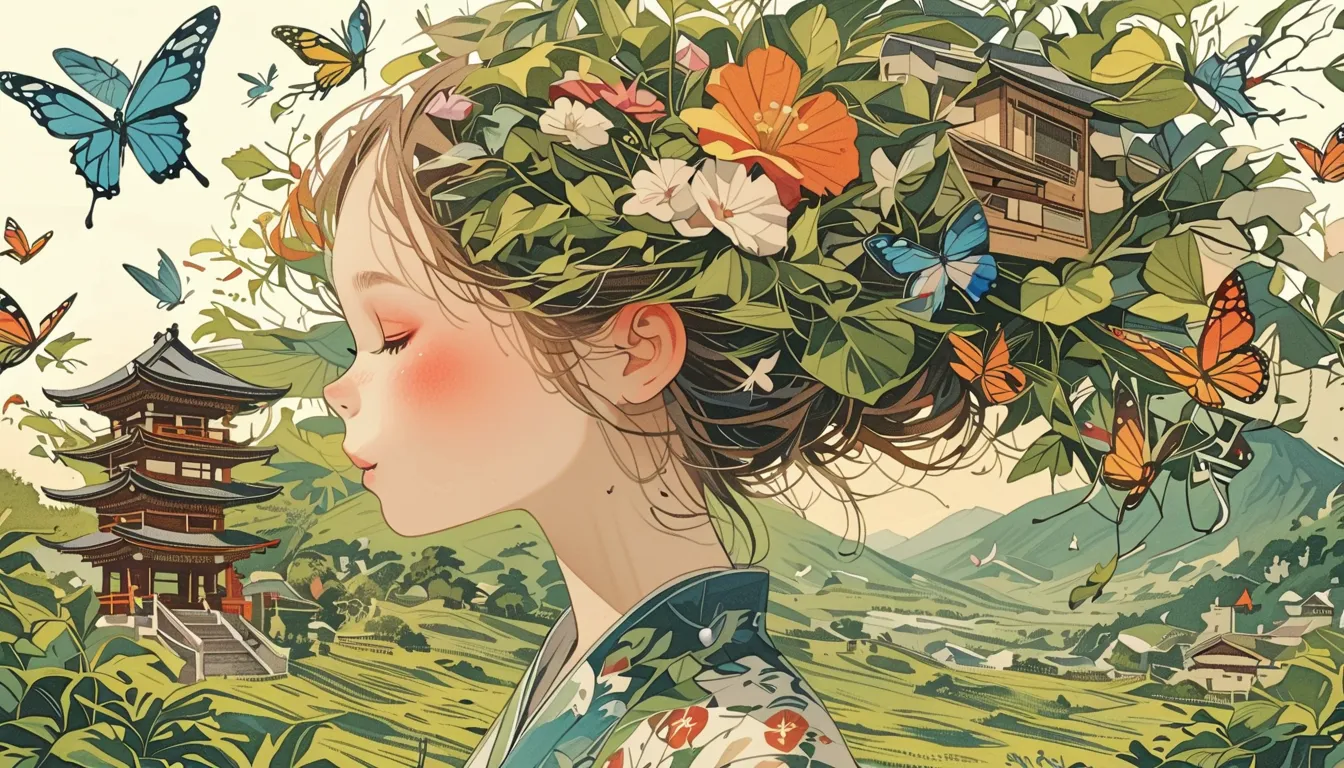 Japanese girl with leaf hair、taken from the front、From Adobe、masterpiece、highest quality、 on the forehead、  black hair、 kimono、morning glory、Lots of butterflies 々Flutter、torii、shrine、Festival、Night Sky