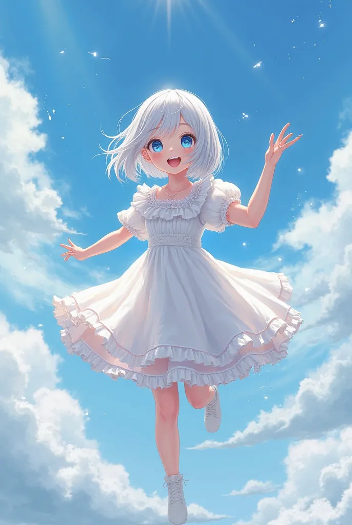 (Silver white bob hair, soft blue bright eyes) , (clouds, fairy,  semi floating) , wind swirl (action: hand reaching in to sky) , dynamic angle, (lolita cute dress, lace and ruffle) fluffy clouds, blue bright sky, shining sunlight, (youthful and warm) (big...