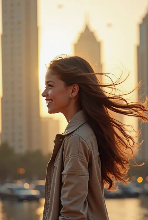 A young and stylish girl on the streets of Dubai, Using these details in a visual creation tool, Her cheerful expressions everywhere, in her hand. A dynamic and desperate atmosphere is created, winds her hair Iconic Dubai silhouette in swoop and background...