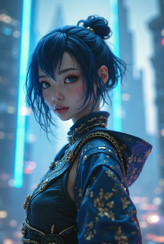 genshin impact woman in futuristic purple city high sky scrapers, blue neon lights. close up