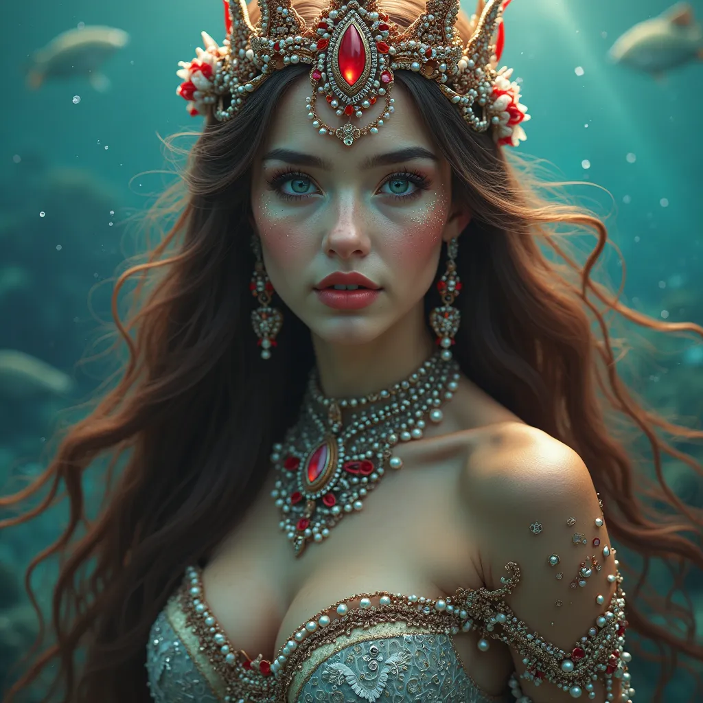 beautiful queen of the sea, detailed portrait of a beautiful female sea goddess with long flowing brown hair, crown of pearls, red elements, colorful, 8K, high resolution, masterpiece, photorealistic, cinematic lighting, ocean background, magical sea kingd...