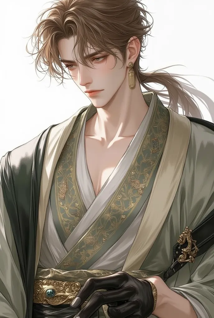  young man,Neat,Noble, elegant,Chinese Style,Hanfu, short hair,light brown hair,masterpiece, anatomically correct, accurate, highest quality, Read more, 