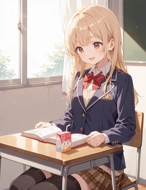 Masterpiece, hires, best quality, cute girl, small breasts, 1girl, blonde hair, long hair, wearing white collared shirt, wearing red bowtie, dark blue blazer, closed jacket, light brown plaid skirt, wearing light brown sweater vest, black thighhighs, brow...