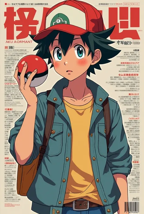   Create the cover of a fashion magazine with Ash Ketchum, a real hyperrealistic Hyperrealism as the protagonist of the cover and with background texts as if it were a real magazine.  outfit.  hyperrealism. live action magazine. Pokeball in the hand.no ani...