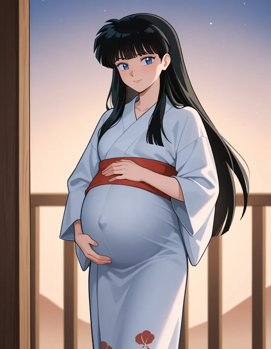 Izayoi from Inuyasha, in a plain white yukata, She has a beautiful face, Inuyasha art style, human, hair similar to Izayoi, blue eyes, long straight black hair, hime cut, face like Izayoi, standing, pregnant