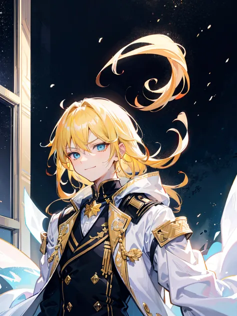 a boy with short golden yellow hair standing next to a window, crystal blue eyes, academy student, black uniform, noble, royal white coat, arrogant smirk, mythical magical aura, noble student, galaxy background, ultra-detail, masterpiece, ultrasharp 8k, dr...