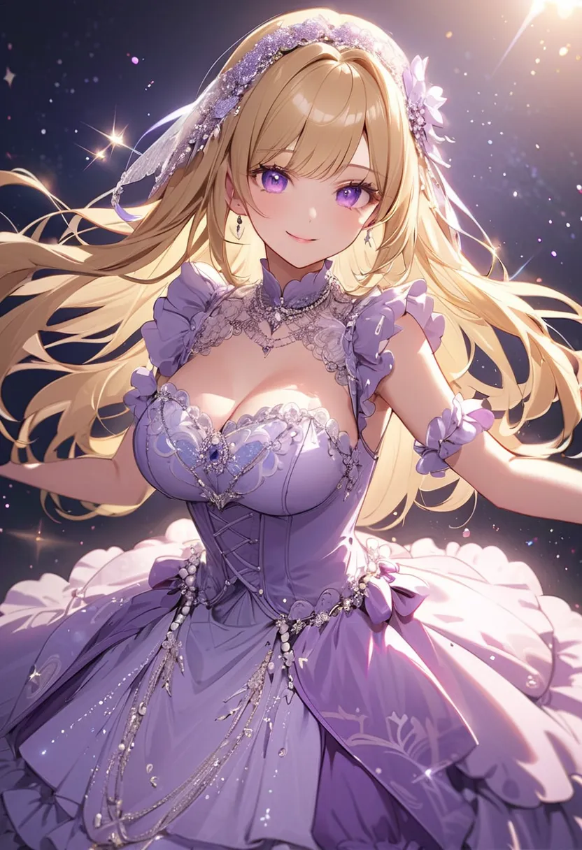 Blonde woman with purple eyes wearing a purple Lolita dress, A small smile, A dress adorned with magnificent pearls with a beautiful pattern, Sparkling dress, long hair, tall, big bust,, very Sparkling dress