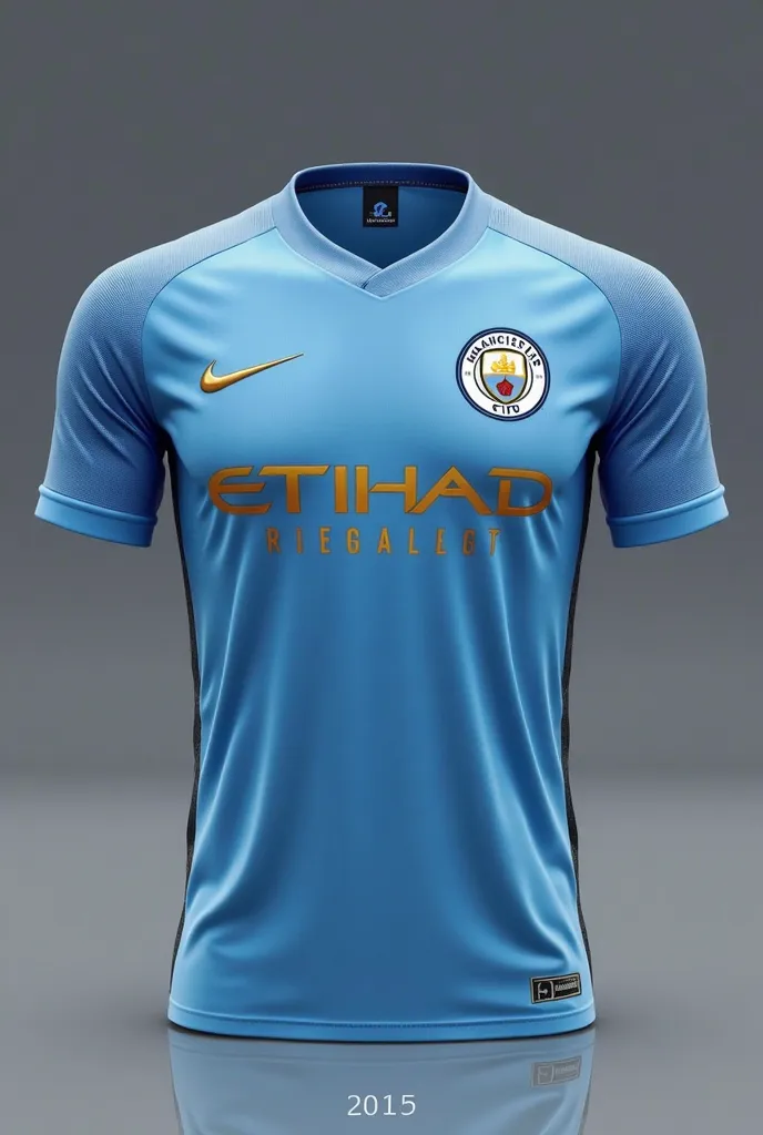 I want to create a soccer jersey similar to that of Manchester City, t-shirt that is light blue and that the t-shirt has a black gradient at the bottom and has the Nike in gold, Show me also the back of the shirt with the number 7 in gold