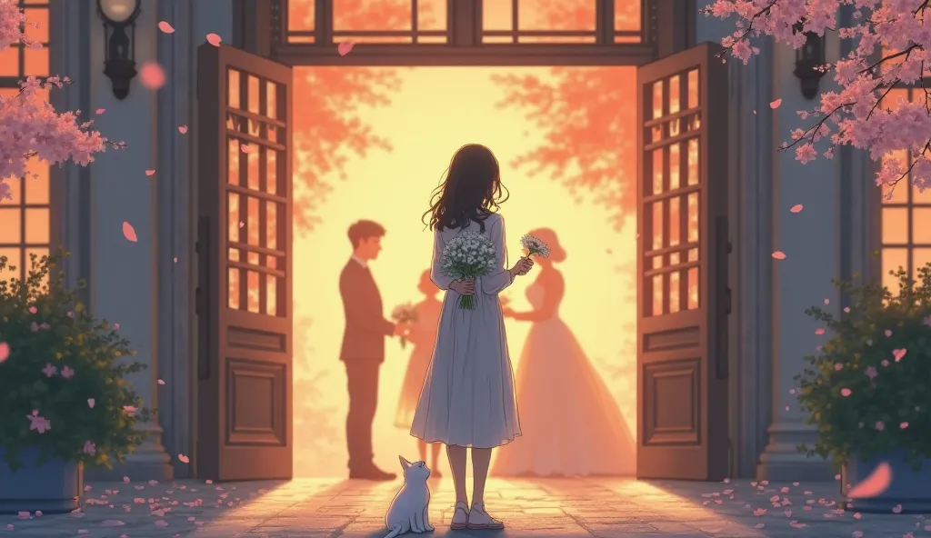 A semi-realistic illustration of a young woman standing outside a grand wedding hall at twilight, holding a single white flower in her hands. She wears a simple yet elegant outfit in soft grays and pale blues, her posture calm but filled with unspoken sorr...