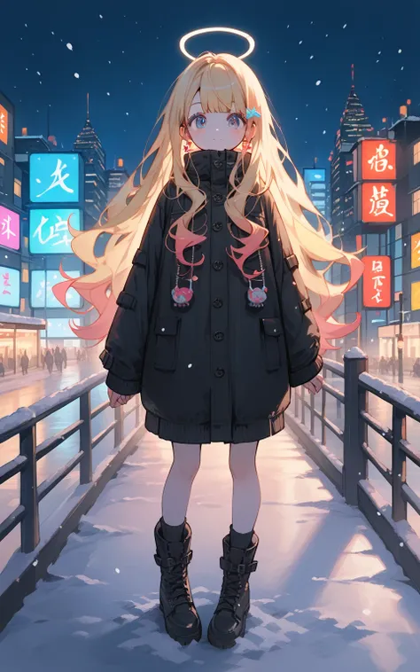 「A snowy night scene and a shining girl」
Cute girl, (masterpiece: 1.2), (best quality: 1.2), (high definition: 1.1), blonde gyaru with pale skin in all-black outfit, standing on rooftop overlooking snowy city skyline. Dramatic night lighting, Vibrant Neon ...