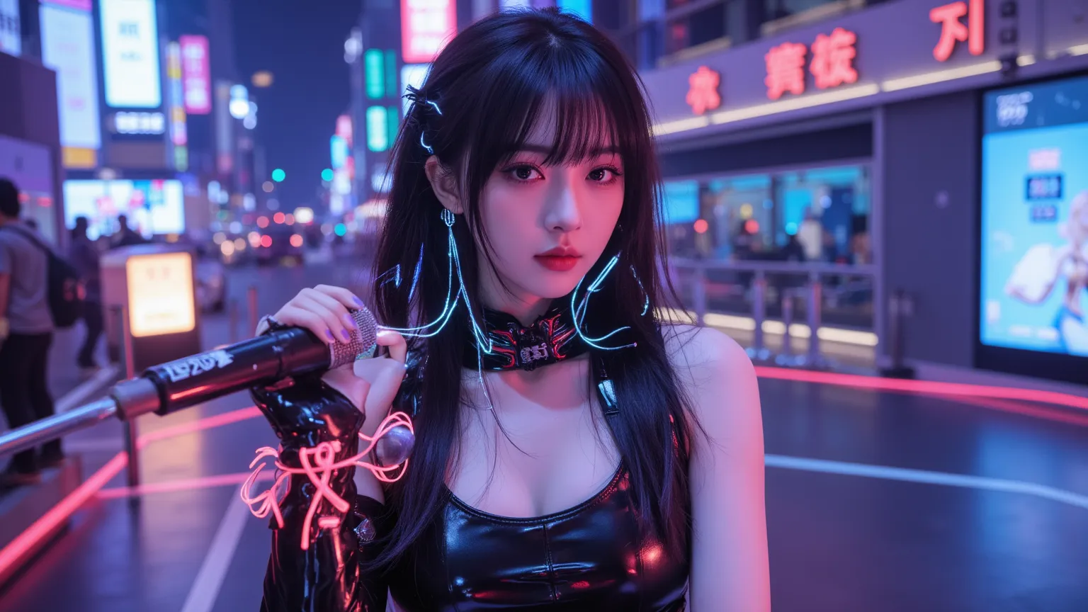 A stunning cyber idol performing on a neon-lit futuristic stage, surrounded by holographic lights and digital effects. She has long, glowing hair with circuit-like patterns, and her eyes shimmer like data streams. Her sleek, high-tech outfit reflects the v...