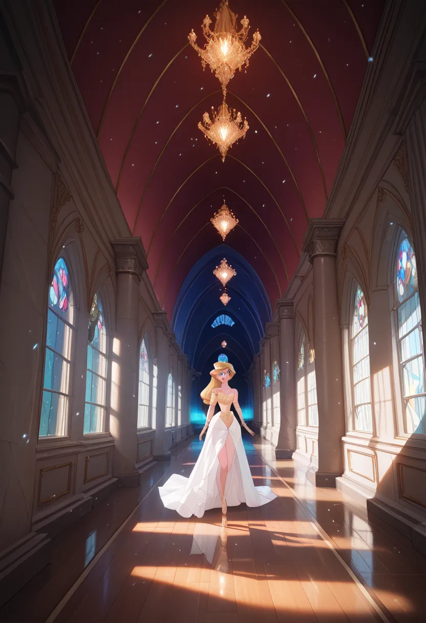 beauty disney princess aurora, fullbody, perspective, corridor, particles around, light and shadow study