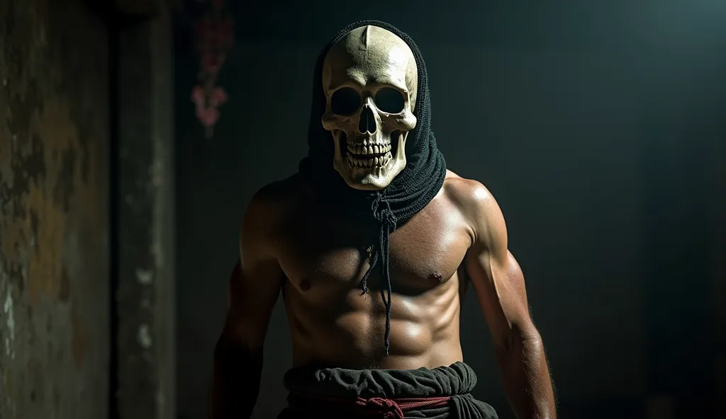 Medium shot.
Young Javanese man, Tight and stocky body with face full of scars, wearing black and red clothes, dress typical of 70s Javanese swordsman, big belt at waist. Wearing a creepy skull mask.  blurred background , only his face was sharp with a ful...