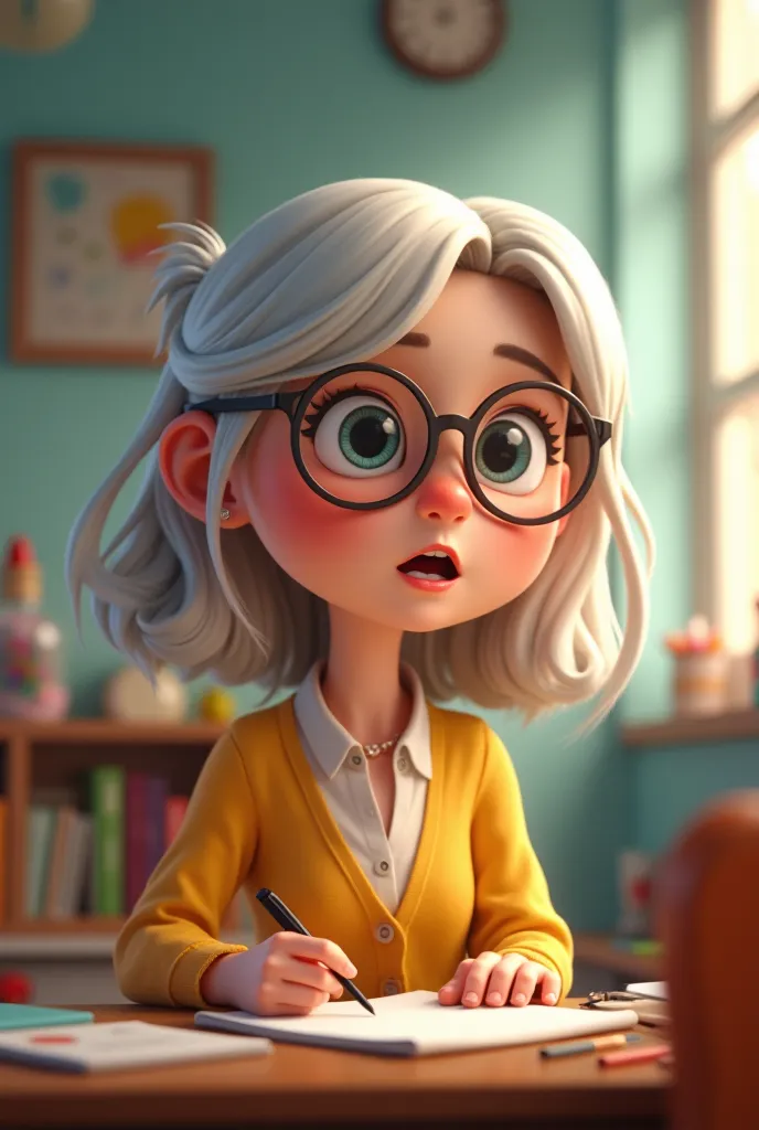 Pixar-style poster dressed as a light-haired teacher with unremarkable eyeglasses, dark brown hair half back half round face and half chubby body 