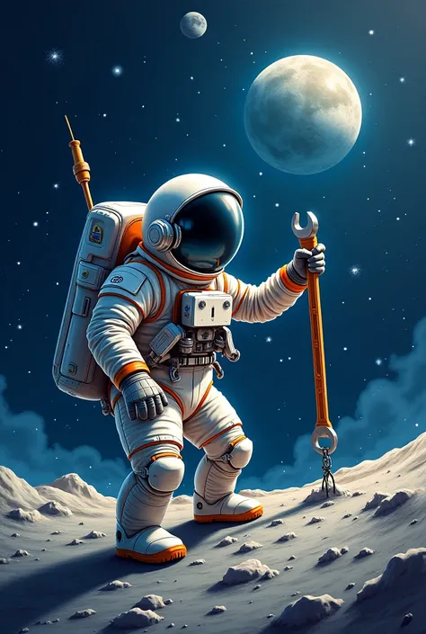 An astronaut with a wrench and a set of tools, repairing something in outer space, For example, a satellite or even the Moon. Planets, how, stars shine , mechanisms look like light bulbs.  Color palette : metallic shades, blue, grey, orange details.