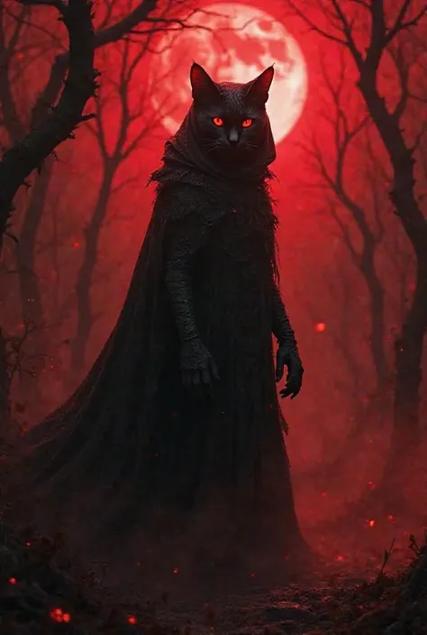 A dark sorcerer cat of the shadows, evil and humanoid, standing on two legs. Her body is jointed and agile, wrapped in a long black hooded cloak that hides most of its face, letting only the red eyes shine ominously in the dark. The cat exudes an aura of d...