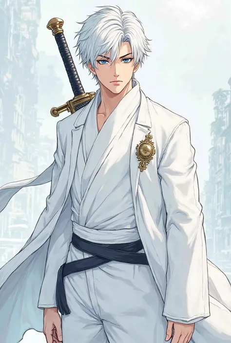 Anime boy with white hair and dark blue eyes and white clothes and has Serious glances  and he is 22 years old And he carries a sword. 