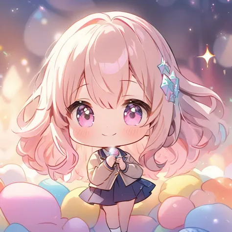 masterpiece, best quality, 4k、((2D illustration))、one beautiful girl、(((chibi style)))、solo、((cute chibi)), ((lens flare))、((sea of light)), ((white light)), ((colorful))、((warm colors))、((long beautiful hair)), glossy light pink hair, gradient hair color,...