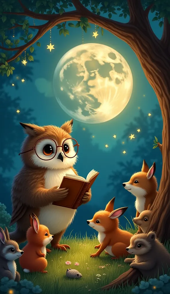 Create a beautiful illustration: a wise owl with round glasses, holding an open old book in their paws. All around her, reads like moonlight, that creates an atmosphere of comfort and magic. view, under the tree , has gathered a lot of cubs of different an...