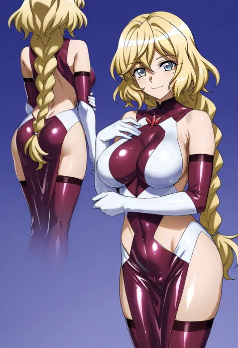 Carol Mars Deanheim (Symphogear)、1girl, long hair, looking at viewer, smile, blue eyes, large breasts, blonde hair, medium breasts, standing, braid, elbow gloves, clothing cutout, mole under eye, multiple views, shiny skin, braided ponytail, aged up, shiny...