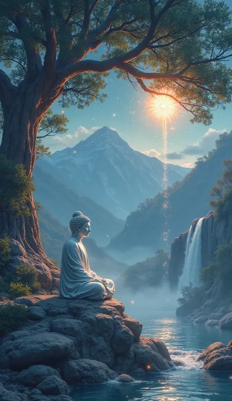 A white Buddha statue meditates quietly under a tree, a mountain, a waterfall, mist, and the light of a hanging firework, stars, and moonlight at night.