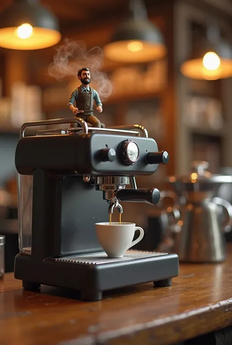 A tiny figure barista making coffee on a giant espresso machine. The steam is rising as the coffee pours into a tiny cup. The café background is stylish and cozy, with warm lighting and wooden textures.”