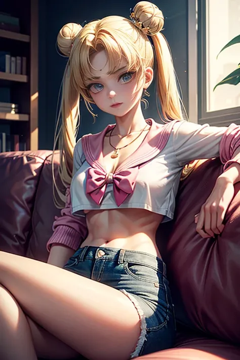 score_9, score_8_up, score_7_up, score_6_up, sailor moon, blonde hair, blue eyes, double bun, hair bun, hair ornament, long hair, twintails, parted bangs,, pink cropped jacket, pink jeans, braless, no bra, open jacket, white shirt, short sleeves, necklace,...