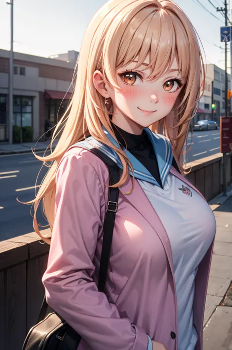 yoimiya, upper body, smile, blush, outdoors, day, simple background, blue sky, long hair, sky, city, looking at viewer, moody lighting, school uniform long sleeves, large breast, hair down, close up, pink jacket