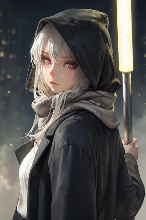 masterpiece, best quality, detailed eyes, semi realistic, 8k, girl, cute, small, oversized black hood coat, black jean, gray scarf, white sweater, short long white gray hair, emotionless, calm, red eye, midnight city, solo character. looking at viewer, hol...