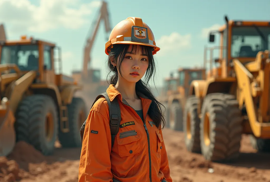 (((  magazine cover  ))), (((  Poster Art ))) , (((heavy construction equipment))) , (((The background is a collage of several types of heavy equipment))), ((beautiful Japanese female workers at a construction site)),((Perfectly Beautiful 20 Year Old Japan...