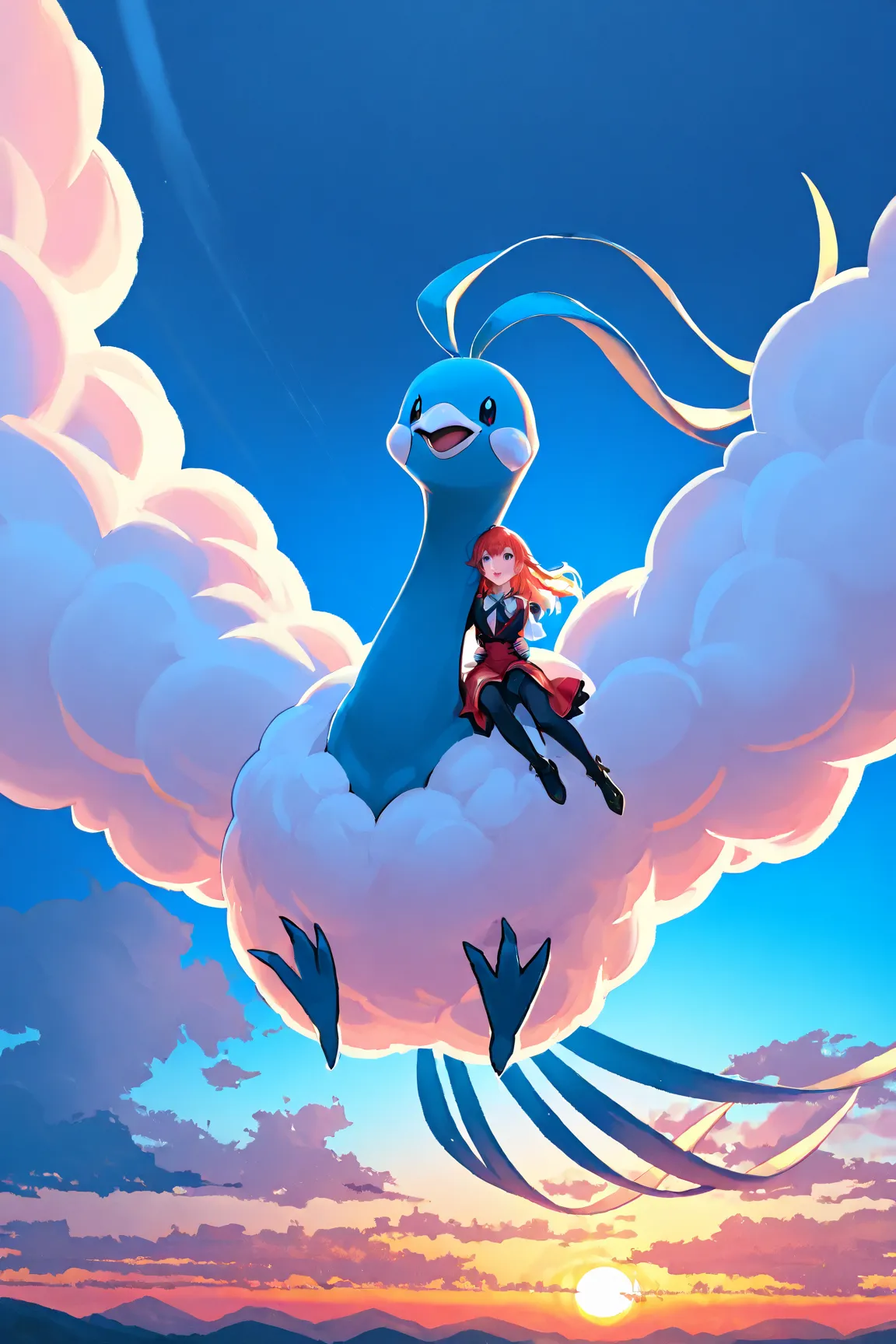 Chiltalis is flying in the sky。
The thick man from the Giants is on board

blue clear sky
Depict brightly

prompts:
“Altaria, a majestic dragon-like Pokémon with cloud-like wings, soaring gracefully through the sky while carrying a human on its back. The s...