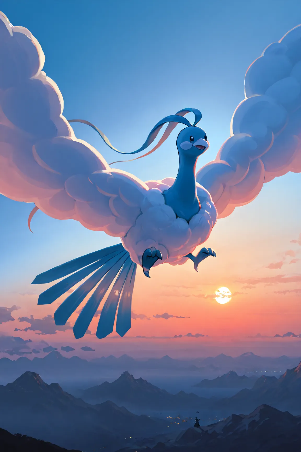 Chiltalis is flying in the sky。
The thick man from the Giants is on board

blue clear sky
Depict brightly

prompts:
“Altaria, a majestic dragon-like Pokémon with cloud-like wings, soaring gracefully through the sky while carrying a human on its back. The s...