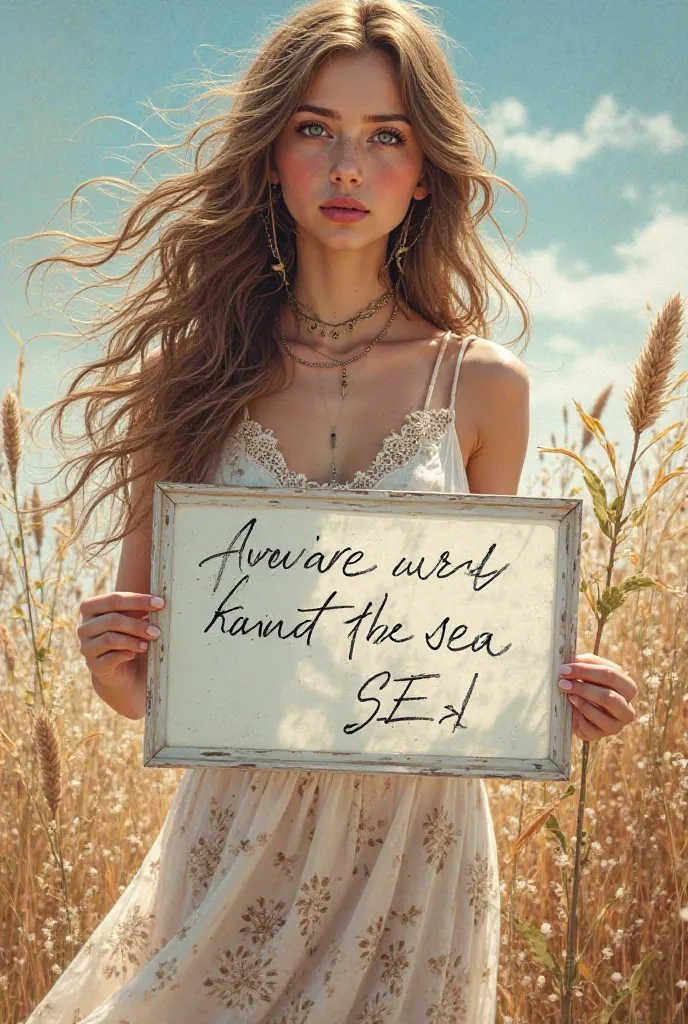  A beautiful girl with long wavy hair ，wearing a bohemian dress， Hand written “I Love Sea” Art Infinity” Whiteboard for text，and show the audience