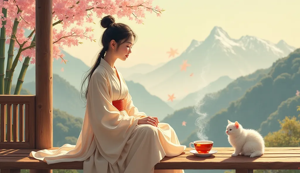 A semi-realistic illustration of a young woman sitting on the wooden veranda of a traditional Chinese tea house, overlooking a peaceful mountain landscape bathed in soft morning sunlight. She wears a flowing, Hanfu-inspired outfit in soft pastel colors, he...