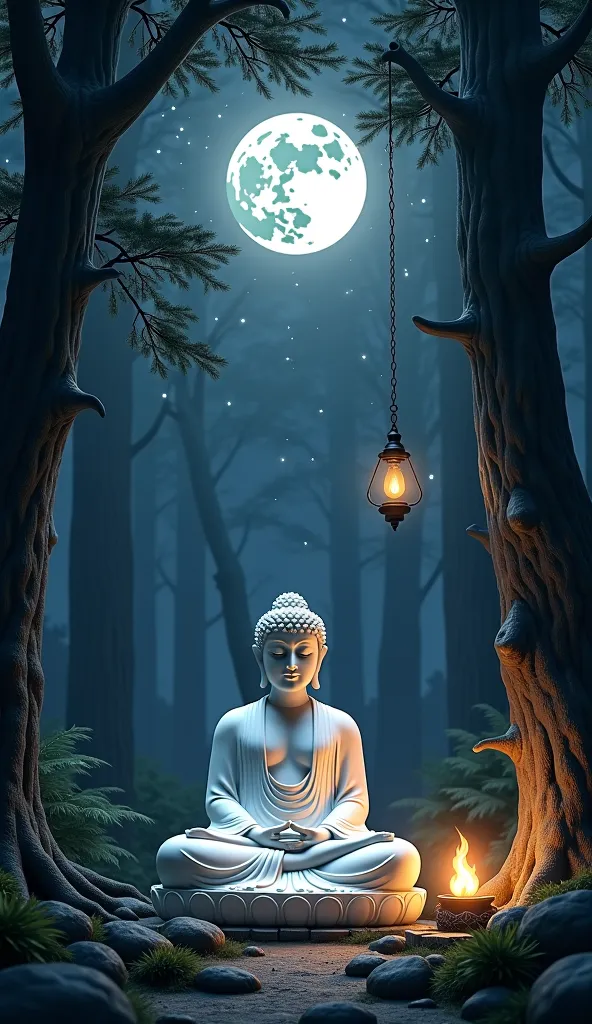 A white Buddha statue meditating quietly in the forest, with the light of a hanging firewood, stars and moonlight at night.