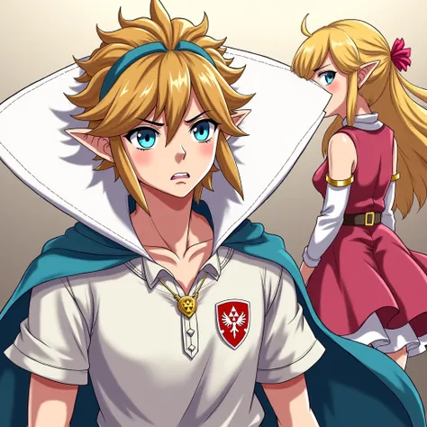 Anime Legend of Zelda King Link wearing a Massive popped collar polo with a collar so high it's taller than his head he's with Princess Zelda who is in agonizing pain because he's Electrocuting her to death