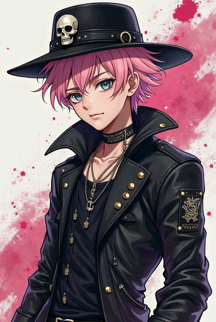 Anime boy with light pink hair and a rocker's hat with a skull and pure black rocker clothes