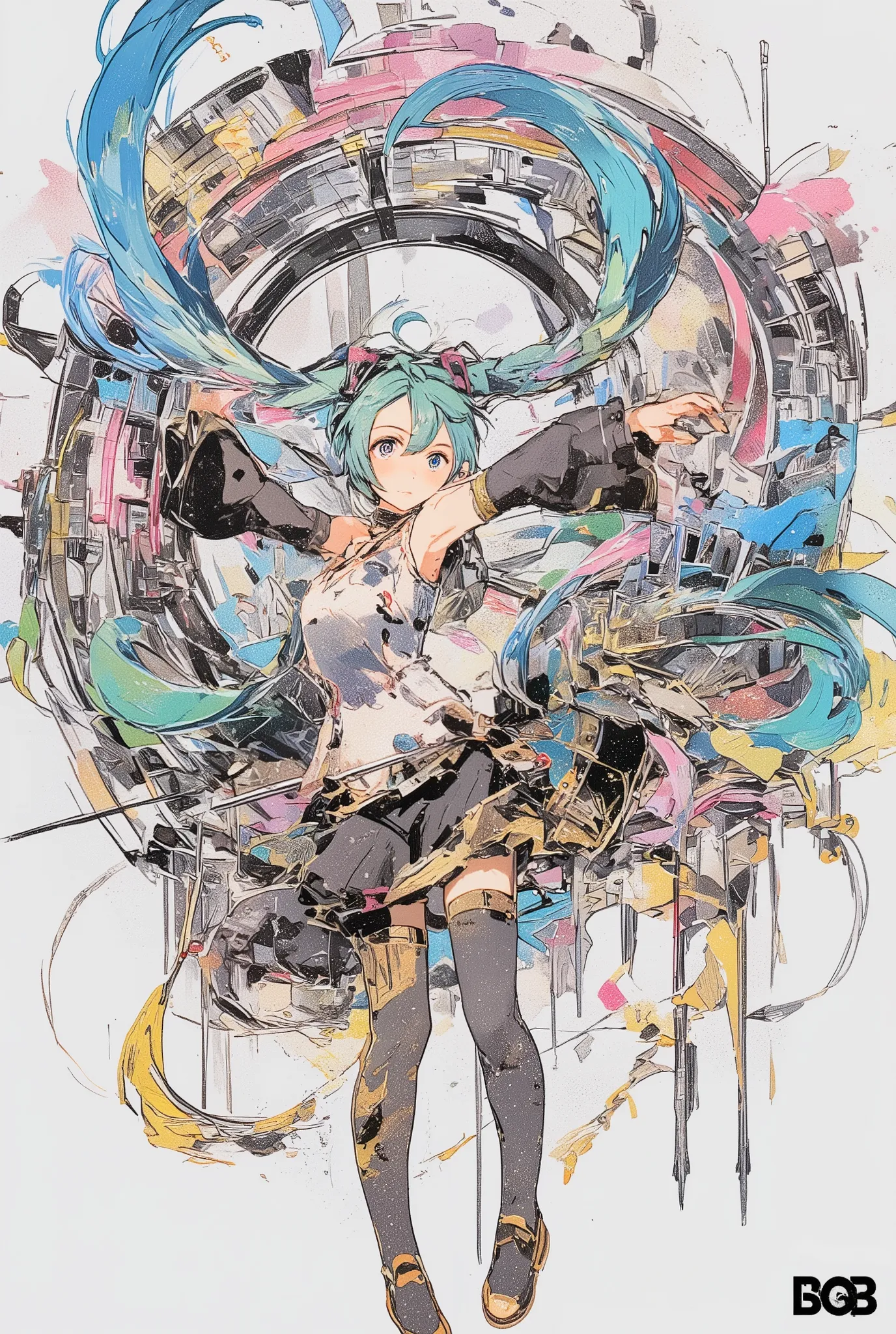 ( masterpiece、 highest quality、 highest quality、official art、  beautiful and beautiful  :1.2)、(one girl:1.3)  Hatsune Miku、twin tails, beautiful breasts,multiple views, pencil happentch, (happentch:1.25), best quality, Graphite \\(medium\\), happen,  grada...