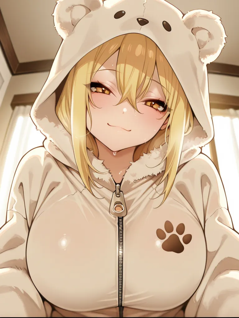 , masterpiece, the best quality, incredible quality, anime screencap, chica, redhead,  smile, big breasts, sweating, beautiful,  fluffy , Hood with bear ears, The zipper is slightly lowered, Paw Print,  warm atmosphere , indoors, Cozy room, soft lighting, 