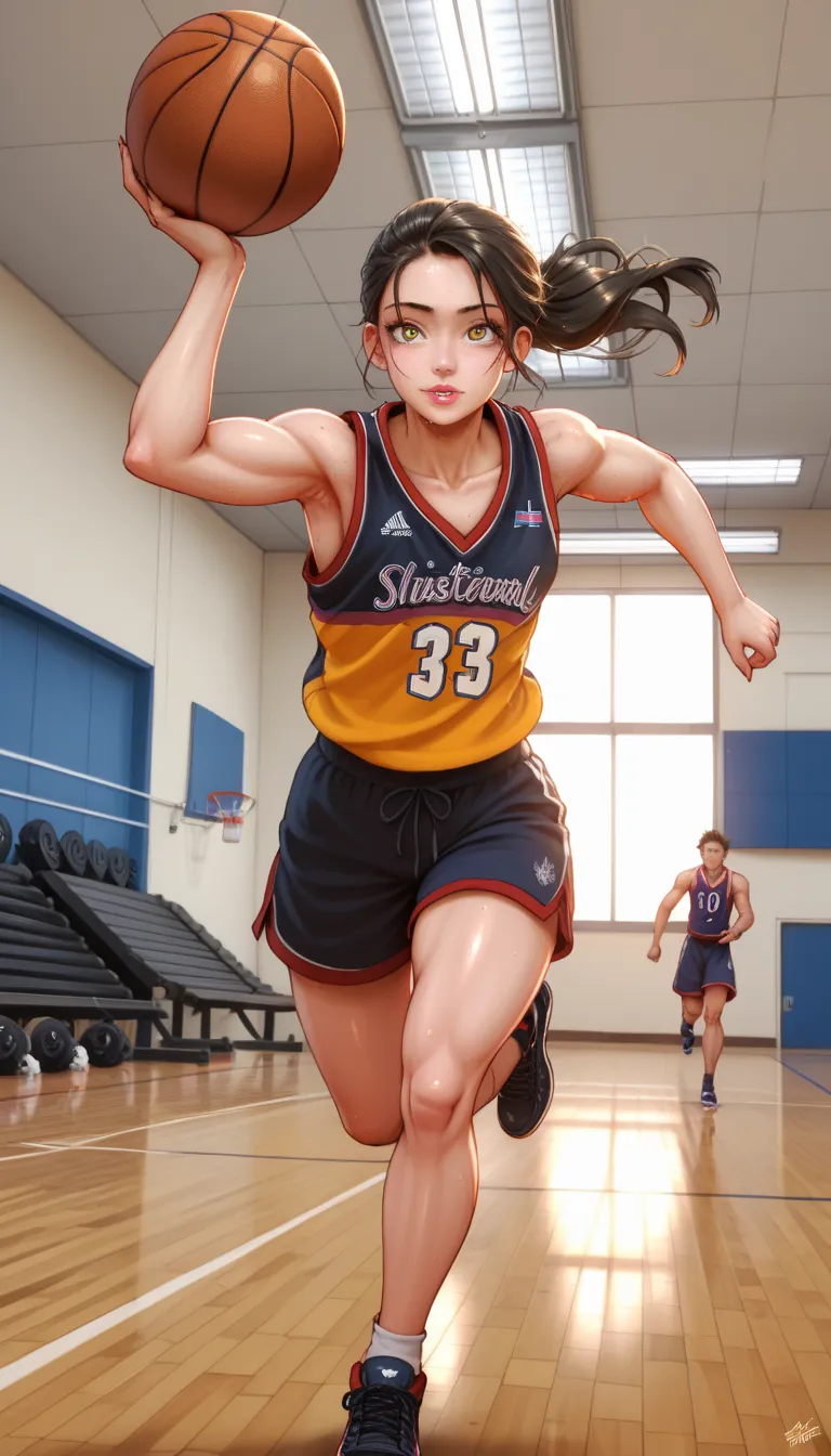 Perfect hands, perfect fingers, perfect anatomy, masterpiece, highest quality, ultra-realistic, 16K HDR, great lighting, Japanese, big droopy eyes, gym, basketball player, yellow and black uniform, excellent depiction of morning and skin texture, dribbling...