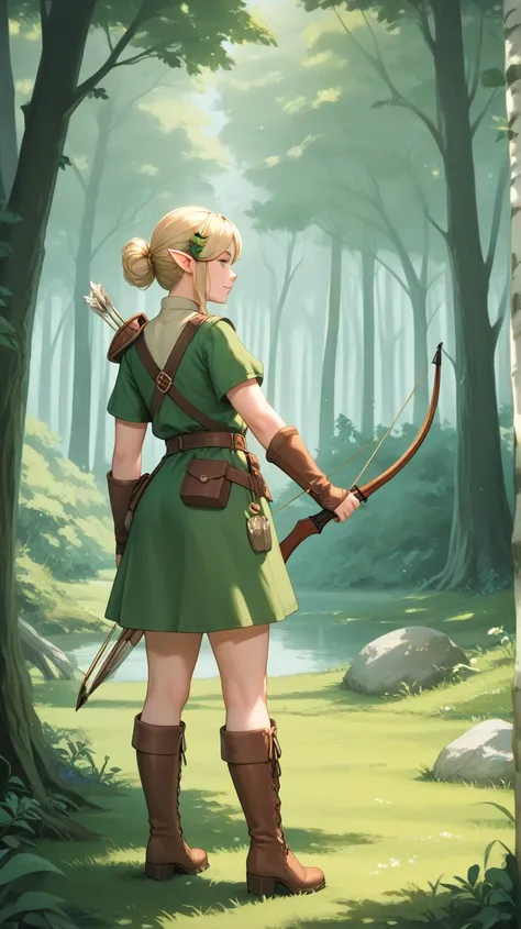 blond with a big face、Elf、forest、Use a bow and arrow、profile、green tunic to hold in your left hand、Leather boots