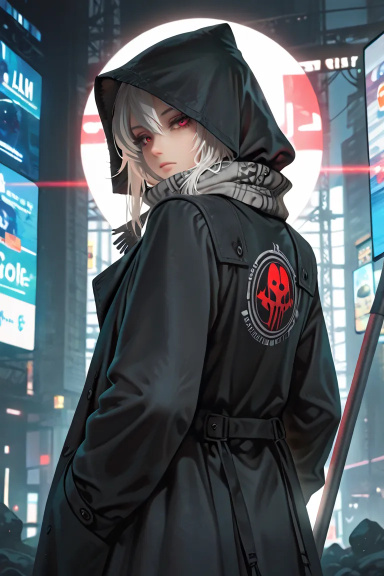 masterpiece, best quality, detailed eyes, semi realistic, 8k, girl, very cute, small, oversized black hood coat, black jean, gray scarf, white sweater, short long white gray hair, emotionless, calm, red eye, midnight city, solo character. looking at viewer...