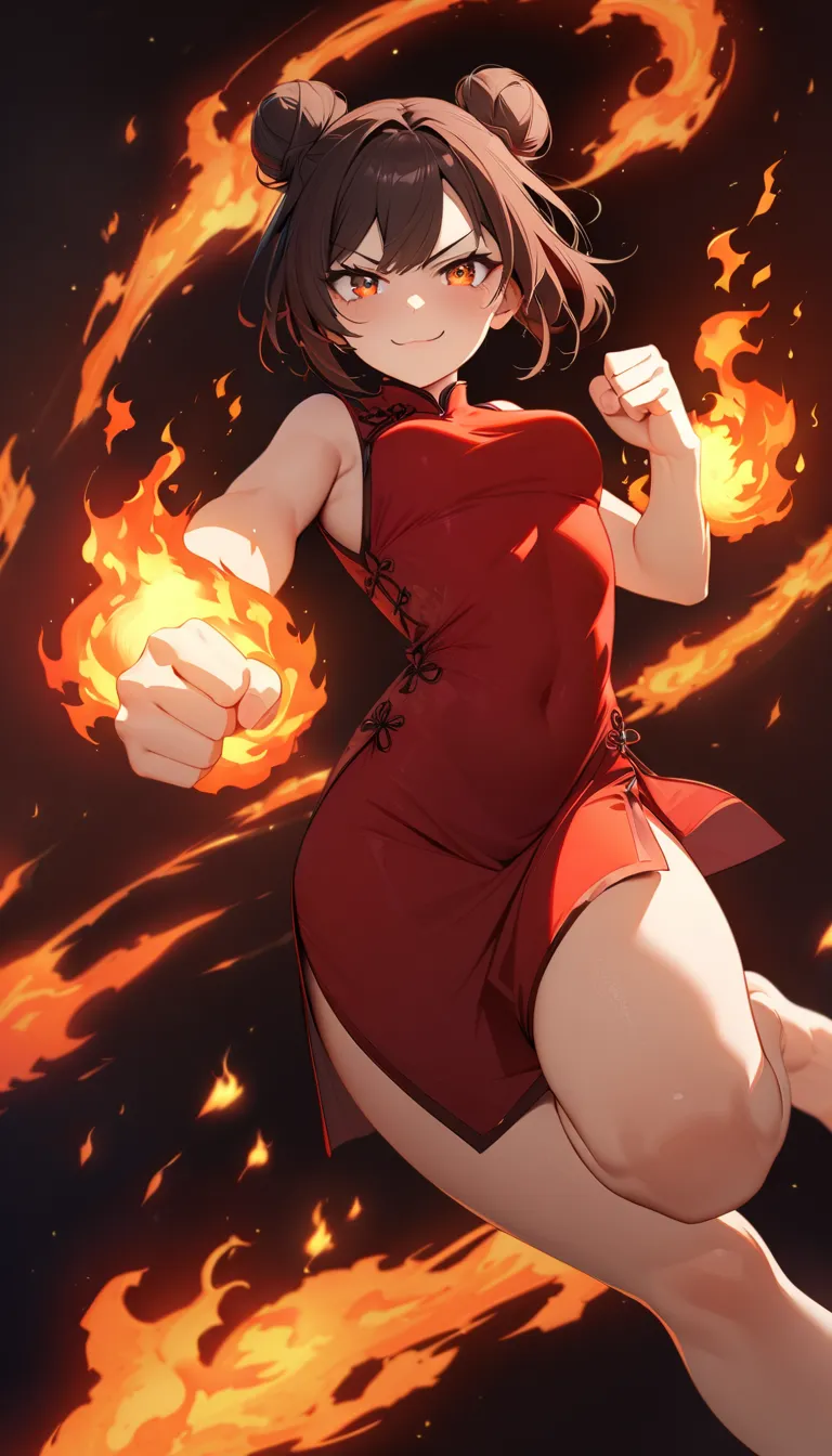 (masterpiece,best quality:1.2),beautiful detailed glow,(beautiful detailed face and eyes),highly detailed skin,dynamic lighting,all intricate, 4k wallpaper,1girl,16yo,fighting stance,(clenched fist:1.2),(red chinese dress),brown hair,bun,deep slit,smug,sym...