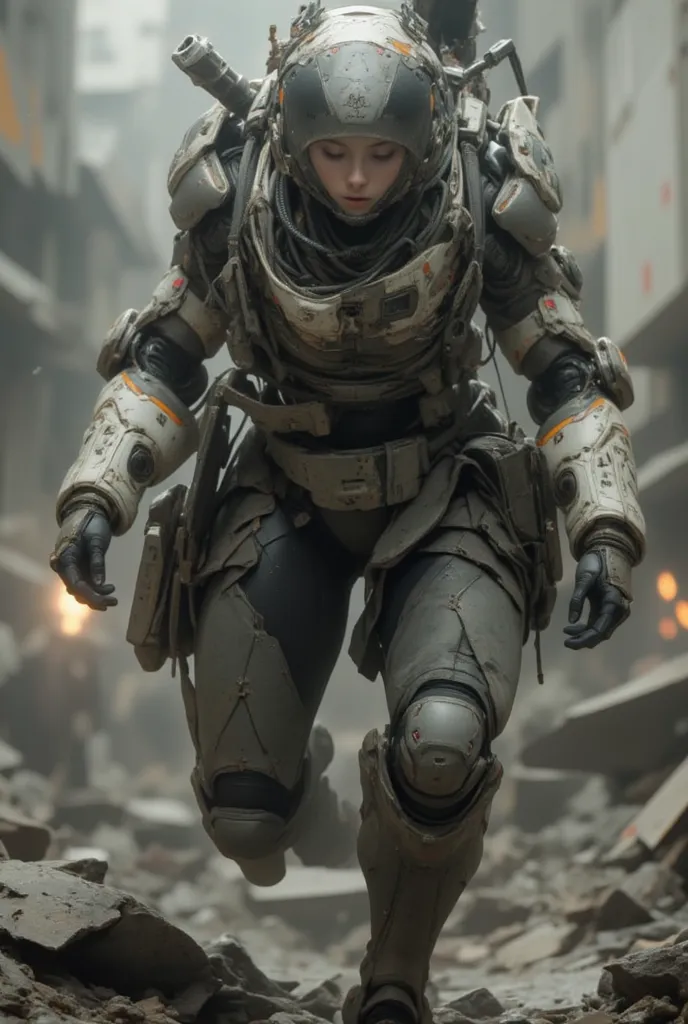  Realistic Near Future  、 realistic expression、   in the Dust  、 A beautiful Japanese woman from Allied Special Forces comes down from the cockpit of a destroyed robot、is looking at me、 Damaged battle suit 、Futuristic headgear、、 Scattered rubble、    Accura...