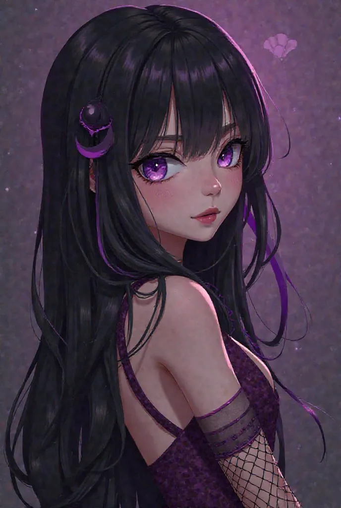 She has black hair, reaching her lower back with bright purple highlights in them. She has the most beautiful and rarest eye color ever seen, purple. I don't know if it's natural or not but it was gorgeous. Her complexion, so pale it could put vampires to ...